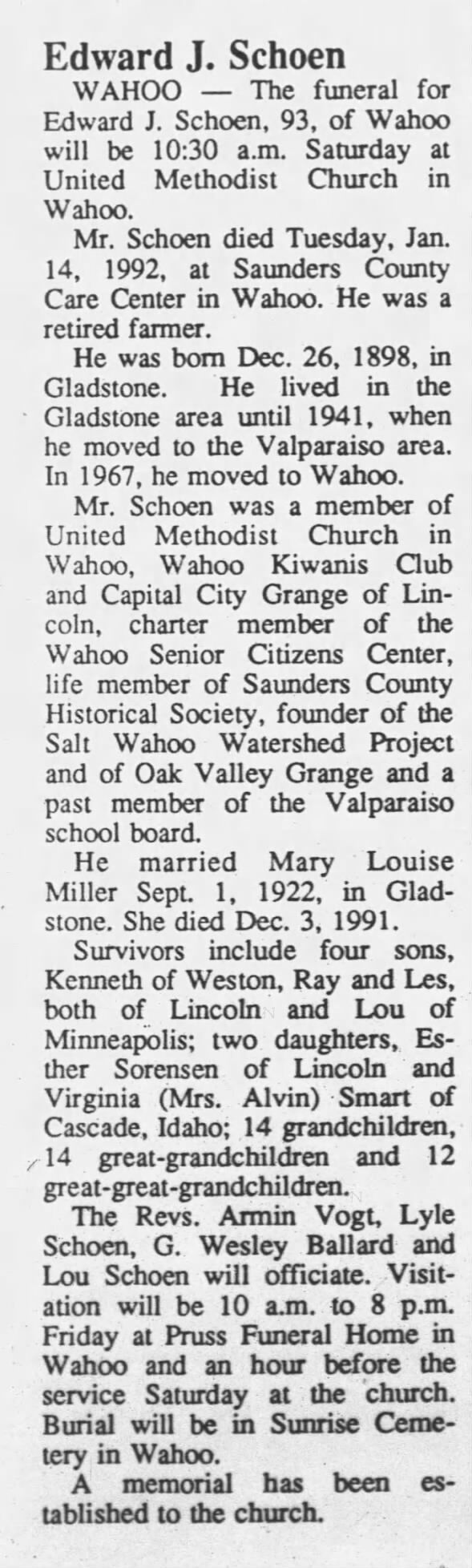 Obituary for Edward J. Schoen, 1898-1992 (Aged 93)